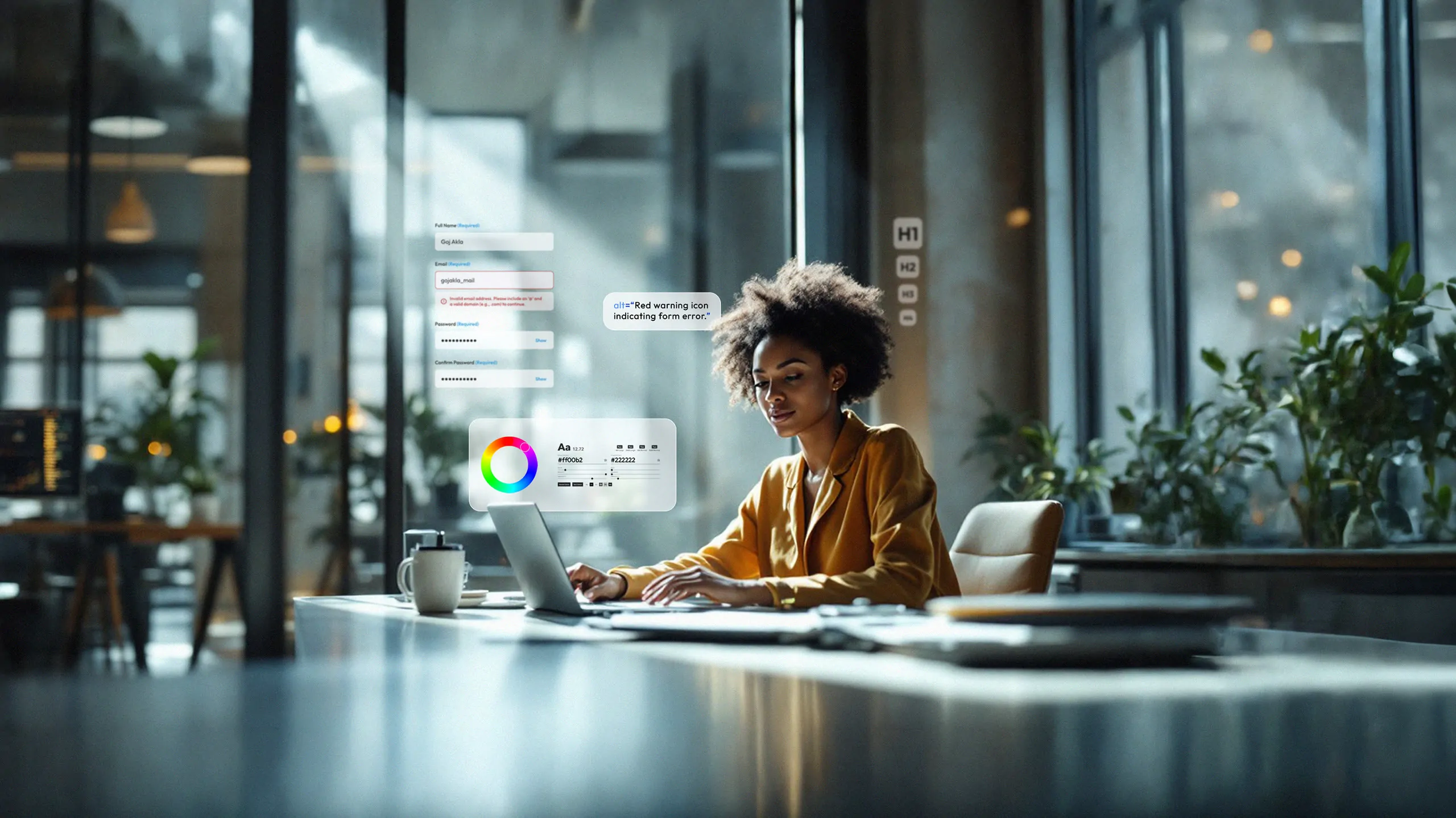 A woman works on a laptop in a bright open office, surrounded by floating UI elements including a form with an error message, an alt text example reading "Red warning icon indicating form error," a color contrast checker and a heading structure indicator.
