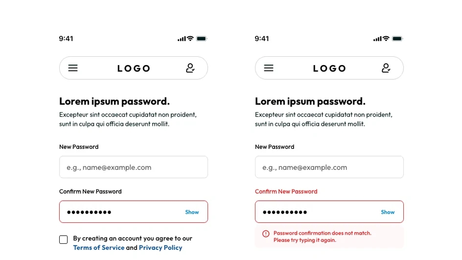 Two mobile screens showing a password confirmation form. The right screen shows the correct approach: the "Confirm New Password" label turns red and the error message "Password confirmation does not match. Please try typing it again." appears below the field with an icon, using both color and text to communicate the error. The left screen shows the problematic approach: only the field border turns red with no supporting text or icon, relying on color alone to signal the error.
