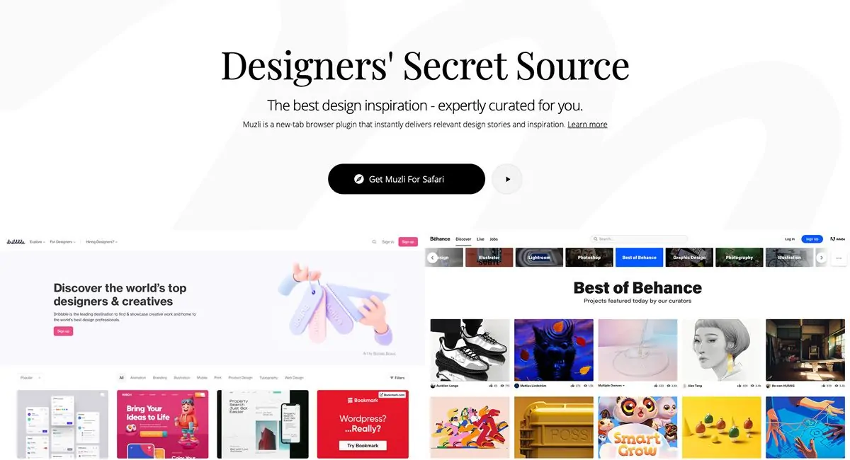 Screenshots of design inspiration platforms Dribbble and Behance, shown alongside the Muzli browser plugin homepage
