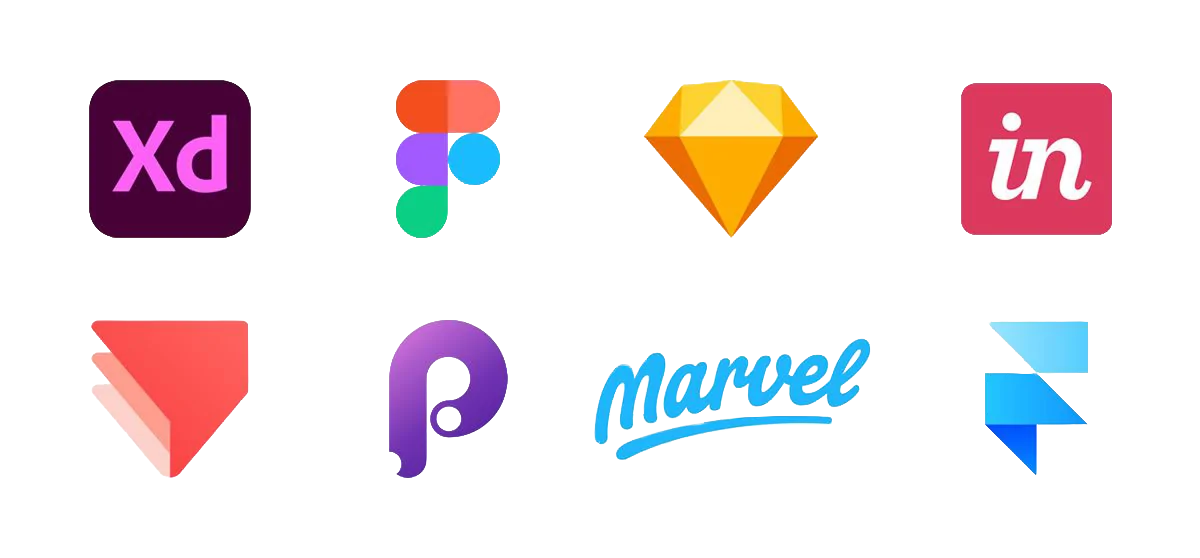 Logos of eight UI design tools: Adobe XD, Figma, Sketch, InVision, Protopie, Principle, Marvel, and Framer