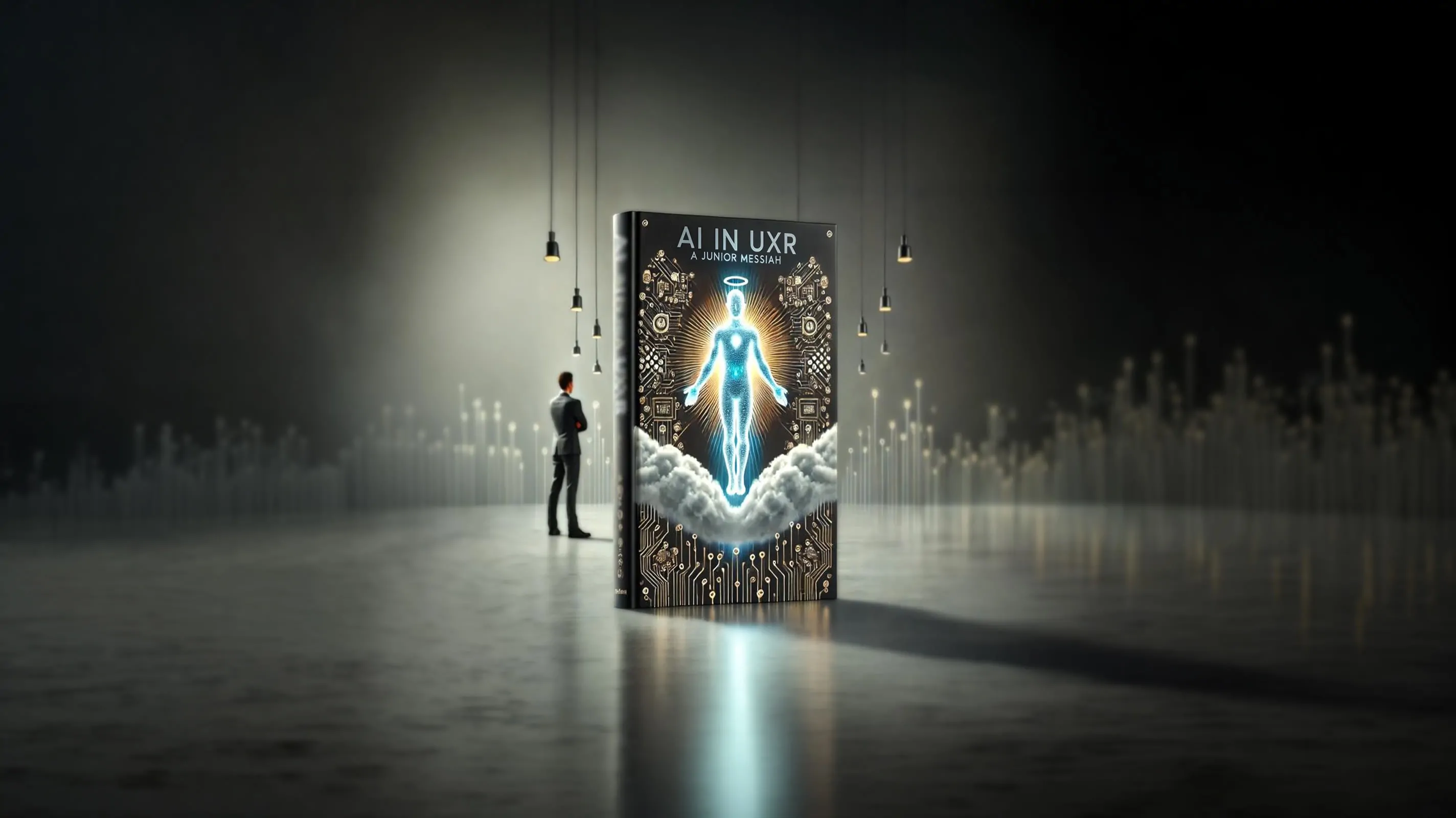 A small human figure stands before an oversized illuminated book cover in a dramatic, dimly lit space. The cover displays a glowing humanoid figure with a halo rising from circuit board patterns and clouds, with the title "AI in UXR: A Junior Messiah" printed at the top.