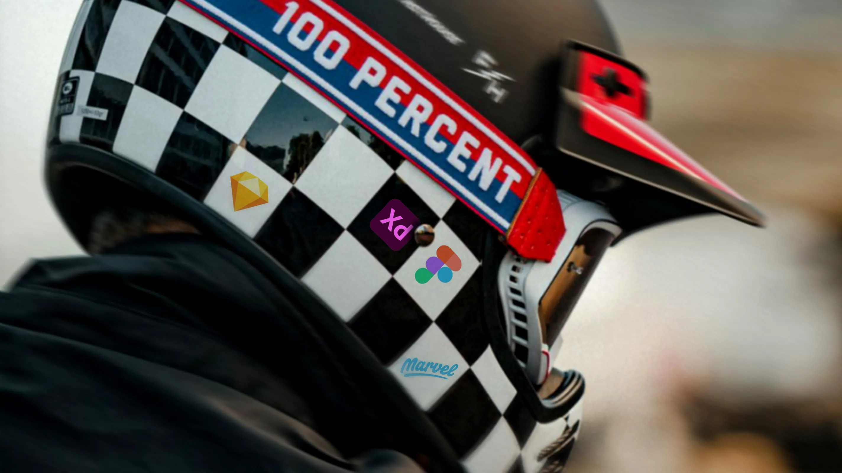A racing helmet with a checkered pattern, decorated with design tool logos including Sketch, Adobe XD, Figma, and Marvel.