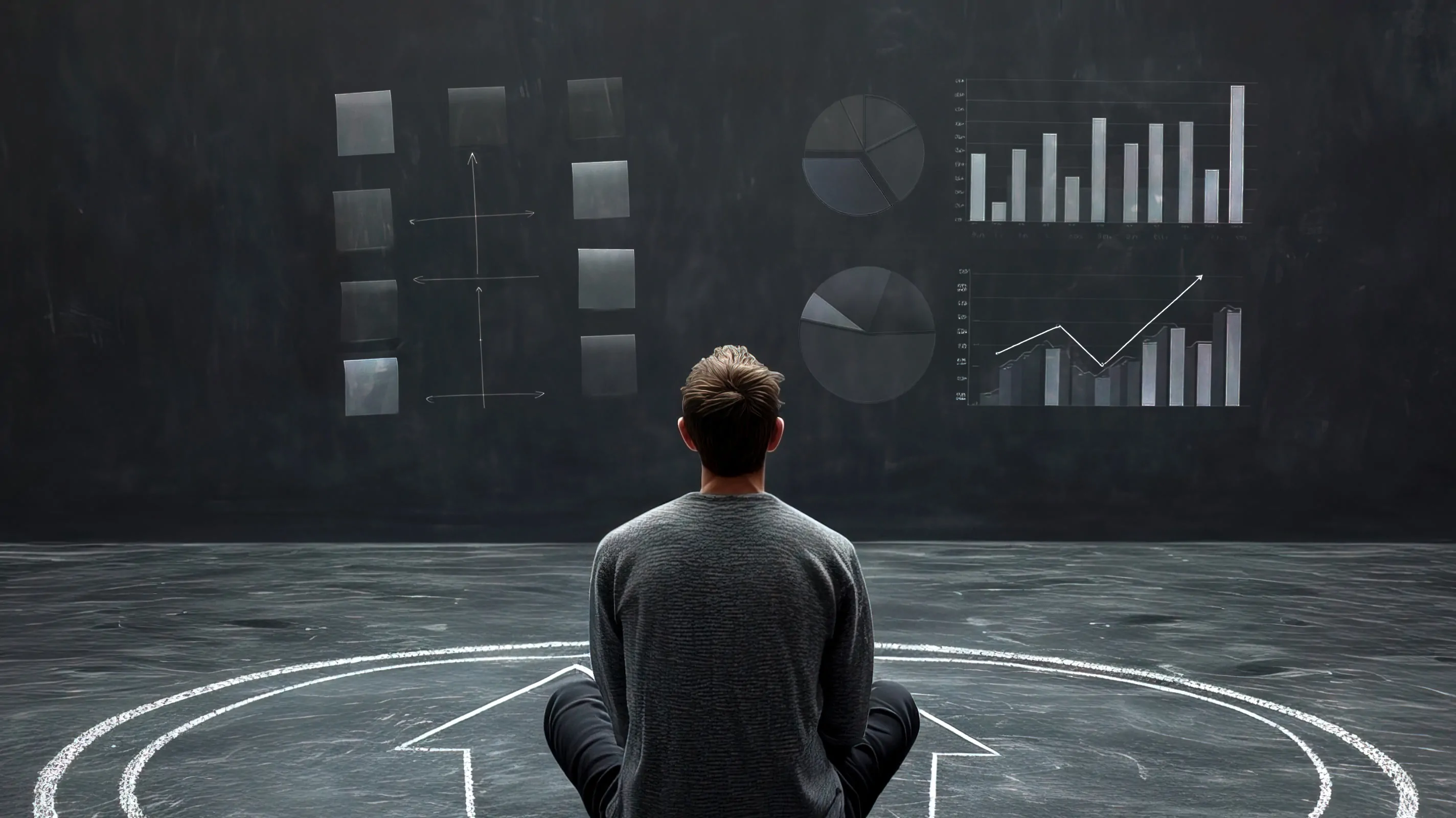 A person seen from behind sits on a dark floor inside a chalk-drawn circle, facing a large blackboard displaying two sets of data visualizations — qualitative diagrams and flowcharts on the left, quantitative pie charts and bar graphs on the right.