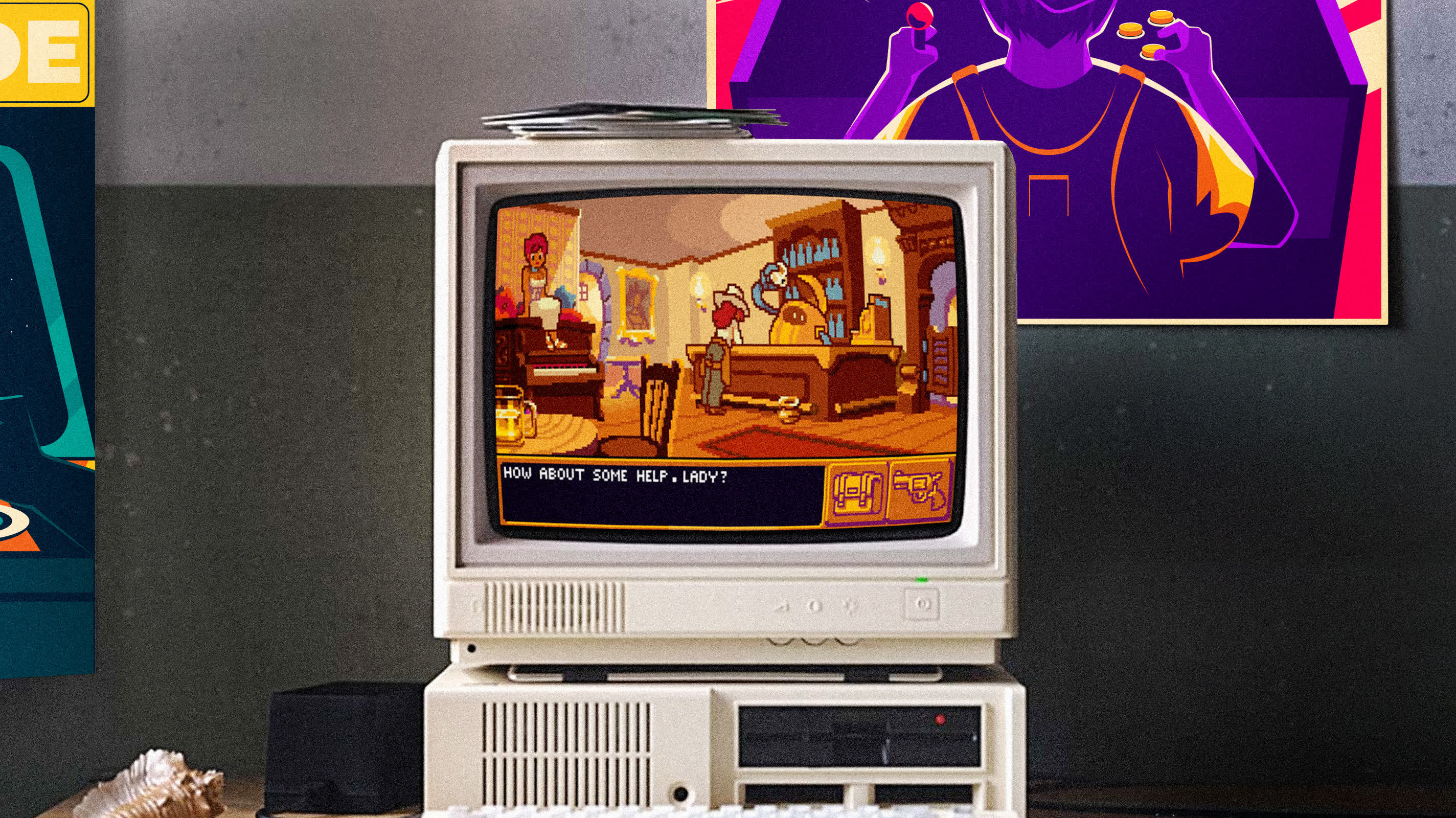 A retro beige CRT monitor and desktop computer display a pixel art adventure game set in a saloon, with a dialogue box reading "HOW ABOUT SOME HELP, LADY?" Colorful gaming posters are visible on the wall behind it.