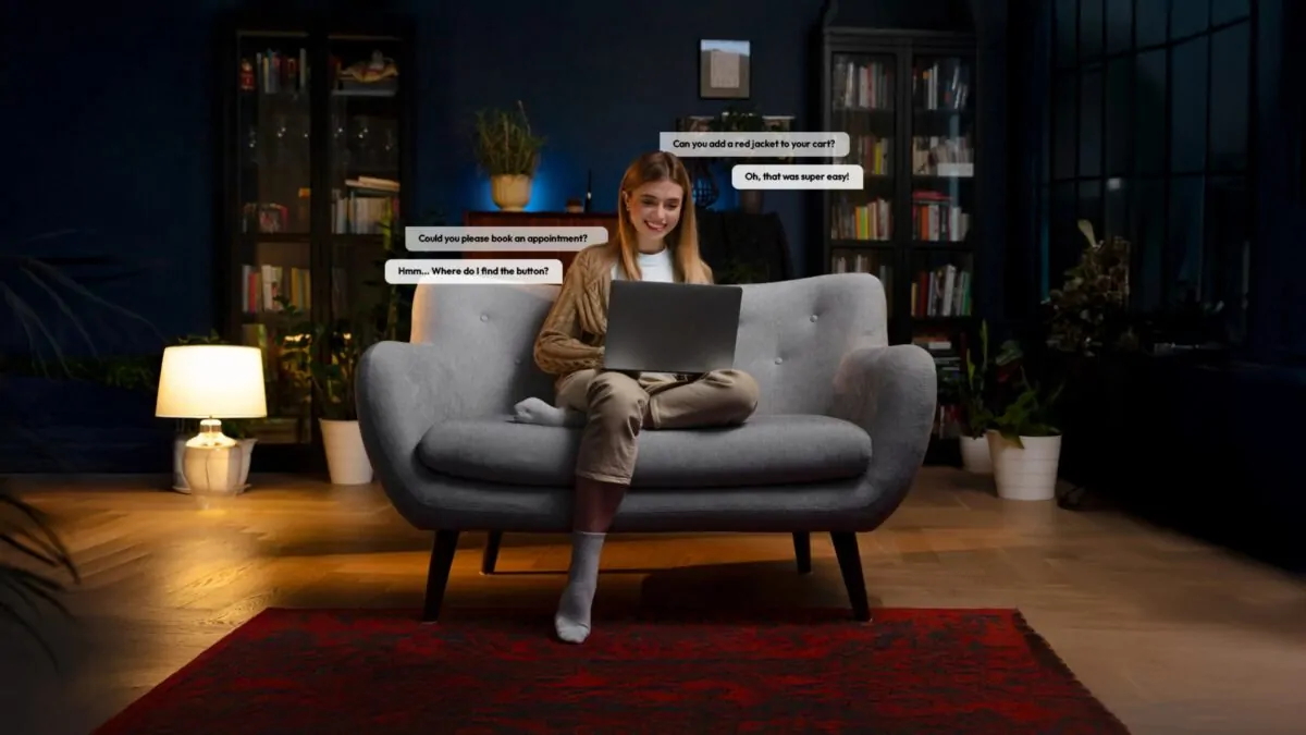 A participant completes tasks on a laptop from home during a remote usability testing session, with floating speech bubbles capturing her responses: 'Hmm… Where do I find the button?' and 'Oh, that was super easy!