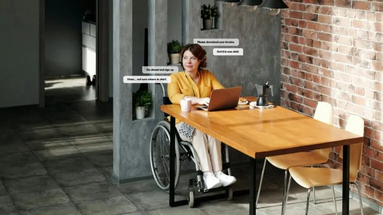 A woman who uses a wheelchair participates in a remote usability testing session on her laptop, with floating speech bubbles showing tasks and responses such as 'Go ahead and sign up' and 'Got it in one click!'