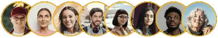 A diverse group of eight people shown in circular profile photos, representing accessibility panel participants.