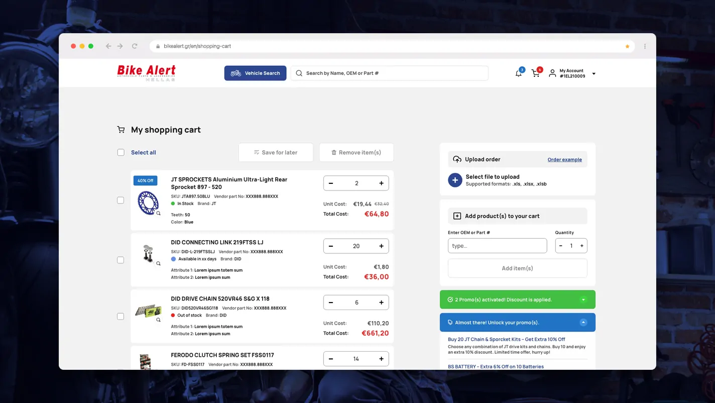 A browser window showing the Bike Alert Hellas shopping cart page, with line items, quantity controls, an order upload feature, a quick add-by-part-number tool, and active promo notifications in the sidebar.