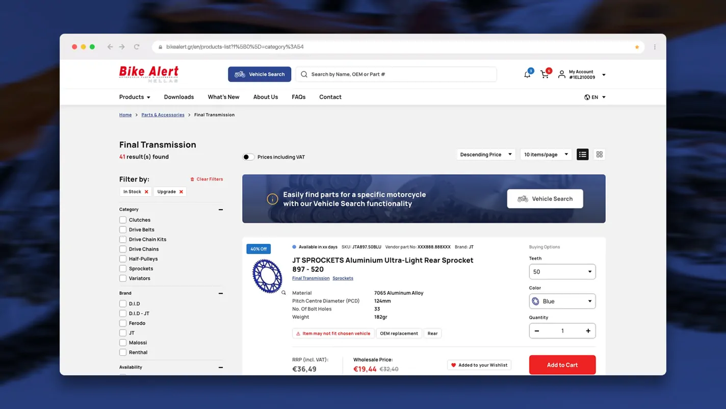 A browser window showing the Bike Alert Hellas product listing page for the Final Transmission category, with a filter sidebar by category, brand, and availability, alongside a product card with pricing and buying options.