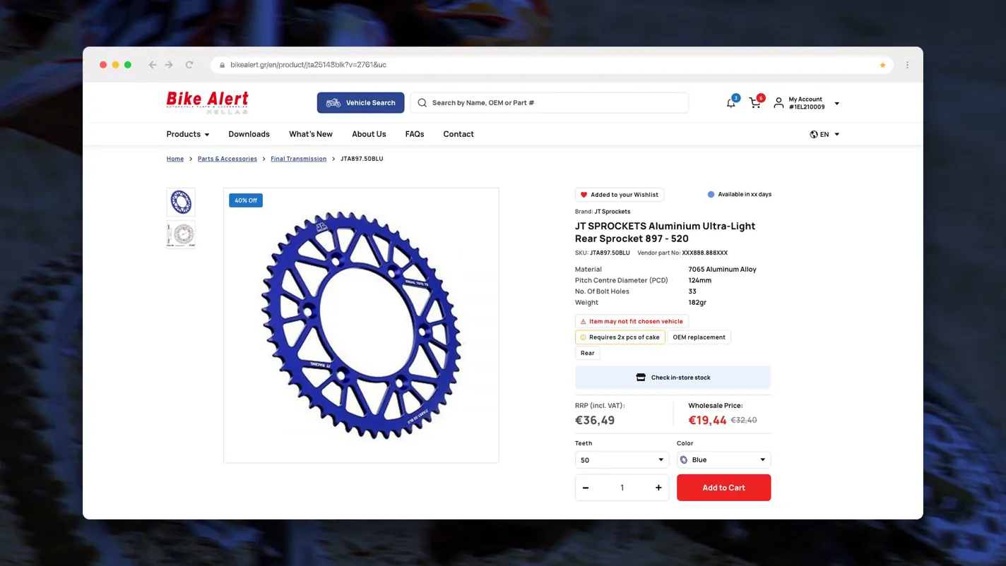 A browser window showing the Bike Alert Hellas product detail page for a JT Sprockets rear sprocket, with product specifications, pricing, teeth and color selectors, and an Add to Cart button.