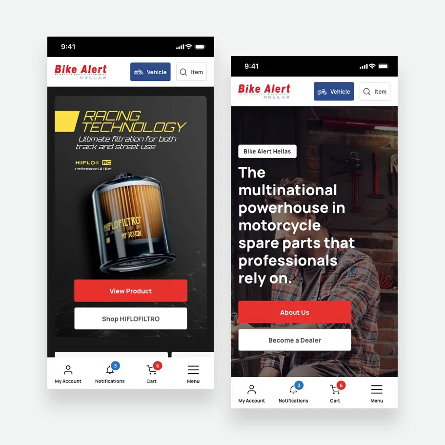 Two mobile screens side by side: the Bike Alert Hellas homepage hero banner for a performance oil filter, and the "multinational powerhouse" brand statement section with About Us and Become a Dealer buttons.