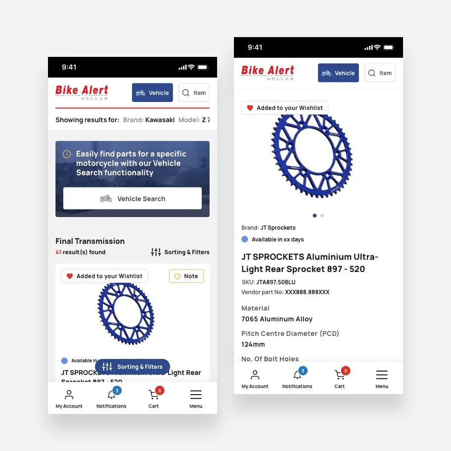 Two mobile screens side by side: a filtered product listing page showing vehicle search results, and a product detail page for a JT Sprockets rear sprocket with specifications and wishlist status.