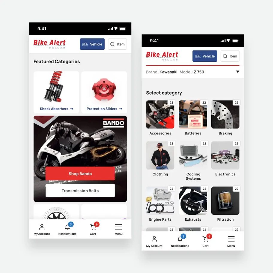 Two mobile screens side by side: the Featured Categories section with shock absorbers, protection sliders, and a Bando brand banner, and a vehicle-based category selection screen showing icons for accessories, batteries, braking, and other part types.
