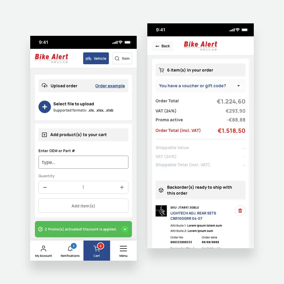 Two mobile screens side by side: the order upload and quick-add-by-part-number tools with an active promo banner, and an order summary screen showing item count, totals, VAT, and a backorder item ready to ship.