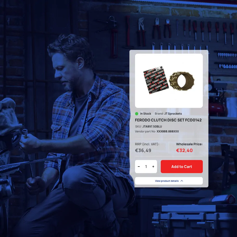 A stylized blue-toned image of a man working on a motorcycle in a garage, overlaid with a Bike Alert Hellas product card for a Ferodo Clutch Disc Set showing price, stock status, and an Add to Cart button.