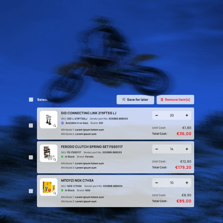 A stylized blue-toned image of a motorcyclist riding, overlaid with Bike Alert Hellas shopping cart line items for a DID connecting link, a Ferodo clutch spring set, and an NGK spark plug, each with quantity, cost, and stock details.