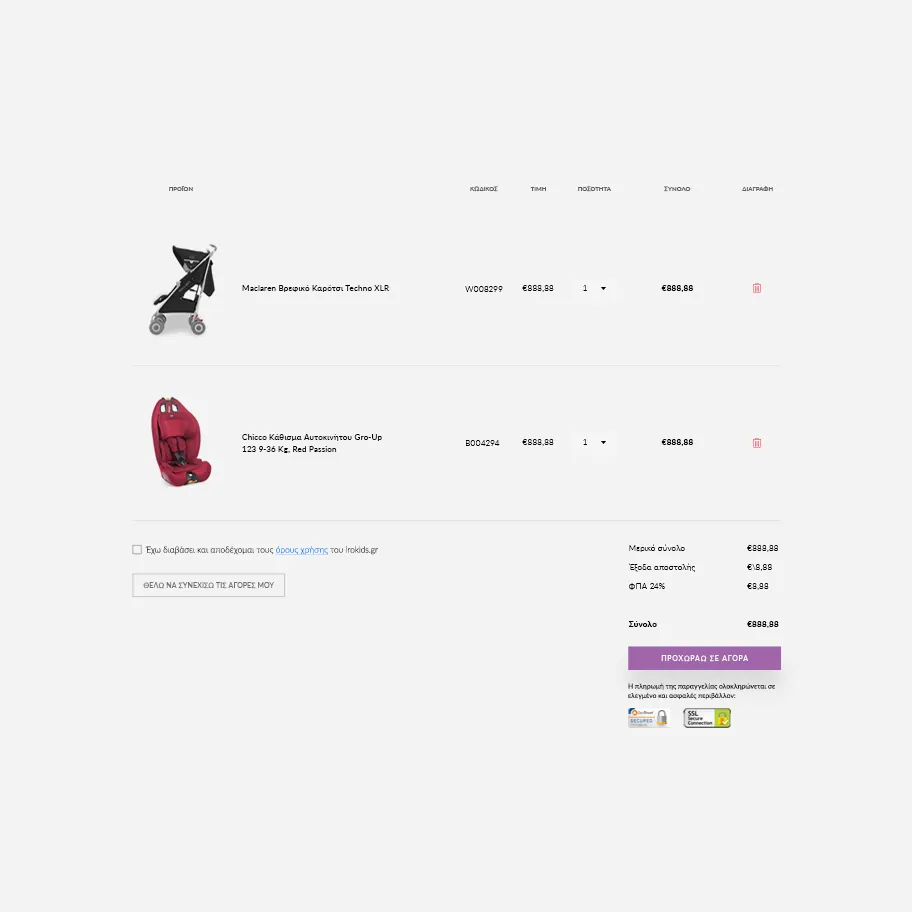 Screenshot of the Irokids shopping cart page in Greek, showing two line items — a Maclaren stroller and a Chicco car seat — with product code, price, quantity, and total columns, followed by an order summary with subtotal, shipping, VAT, and a proceed-to-checkout button.