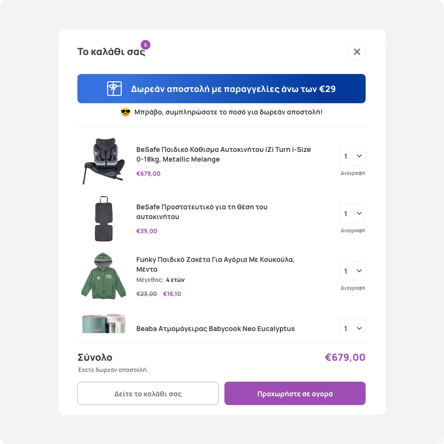 A shopping cart modal interface featuring a top banner highlighting free shipping for orders over twenty-nine euros, followed by a list of selected baby items with their quantities and prices. The bottom displays the total amount of six hundred and seventy-nine euros, a "free shipping" confirmation text, a white "View Cart" button, and a purple "Proceed to Purchase" button.