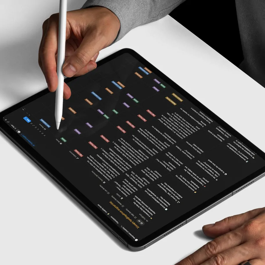 A hand holds a stylus over a tablet displaying a dark-themed Notion board with color-coded sticky notes arranged in a grid above rows of detailed text notes, suggesting an affinity mapping or research synthesis session.