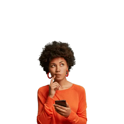 A woman holds a smartphone and looks upward thoughtfully.
