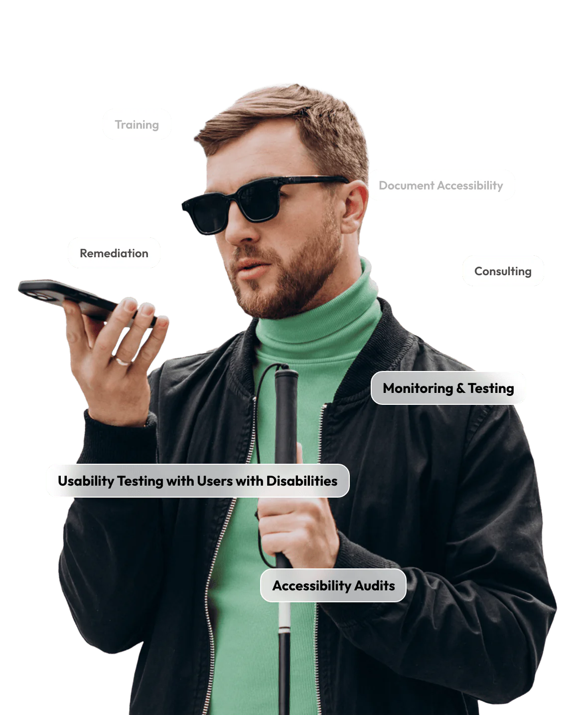 A blind man uses a smartphone's voice feature while holding a white cane, surrounded by floating labels representing accessibility services: Training, Document Accessibility, Remediation, Consulting, Monitoring & Testing, Usability Testing with Users with Disabilities, and Accessibility Audits.