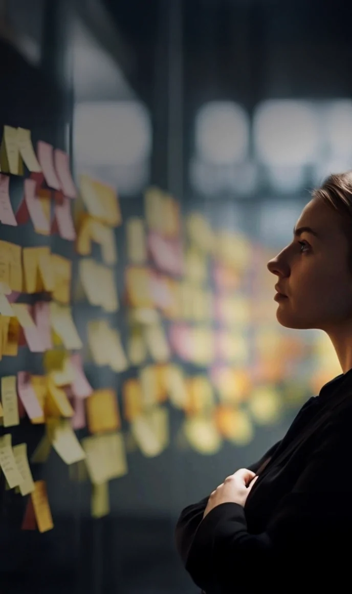 A woman studies a wall covered with colorful sticky notes, reviewing research findings or workshop insights.