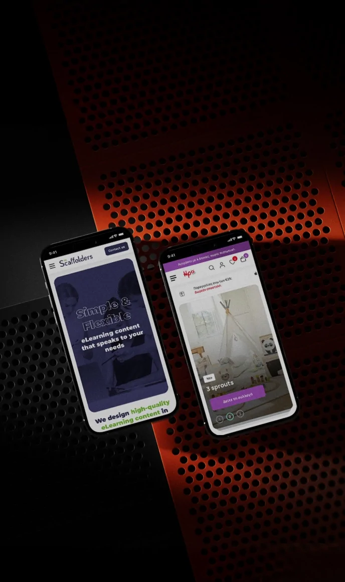 Two smartphones side by side displaying different mobile website designs, showcasing responsive UI across projects.